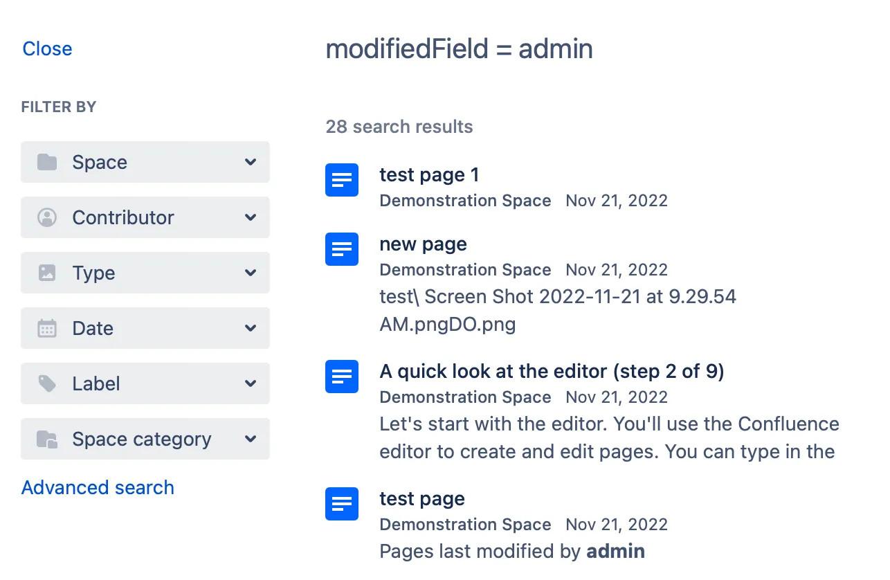 Confluence Search results.