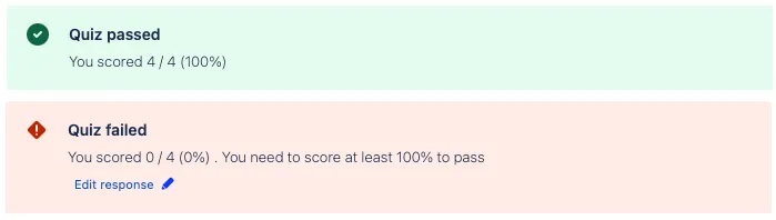Quiz form settings screen showing options for setting correct answers, scoring, and user feedback.