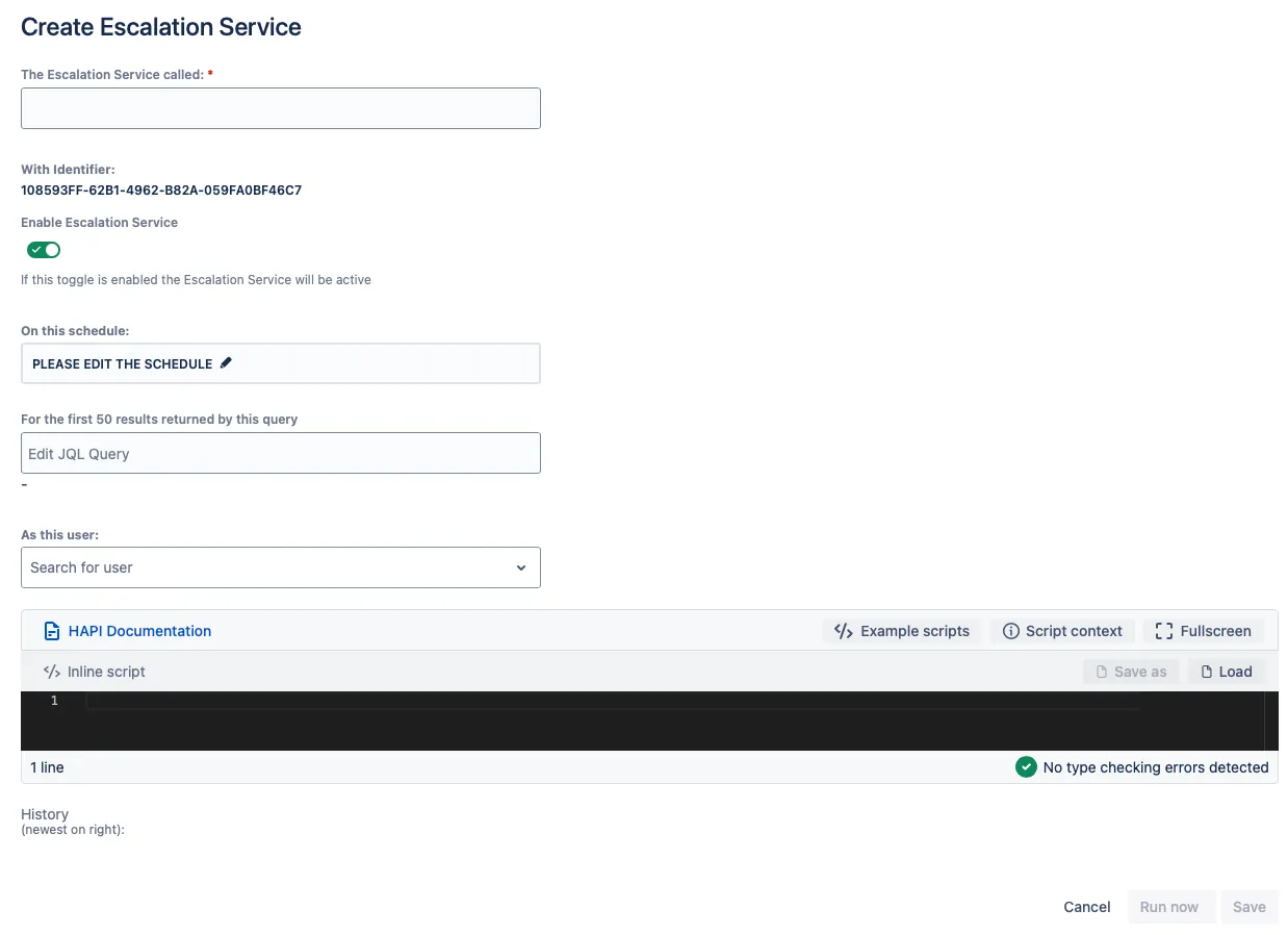 Create Escalation Service configuration screen showing fields for name, enable toggle, schedule, JQL query, user, and script editor