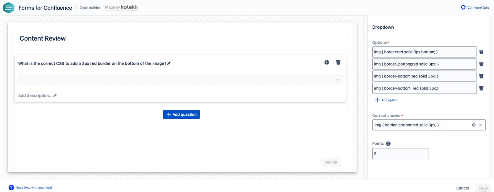 Dropdown question setup screen showing fields for the question text, description, options list, correct answer selection, and points.
