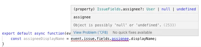 Code snippet with TypeScript error highlighting a null or undefined object.