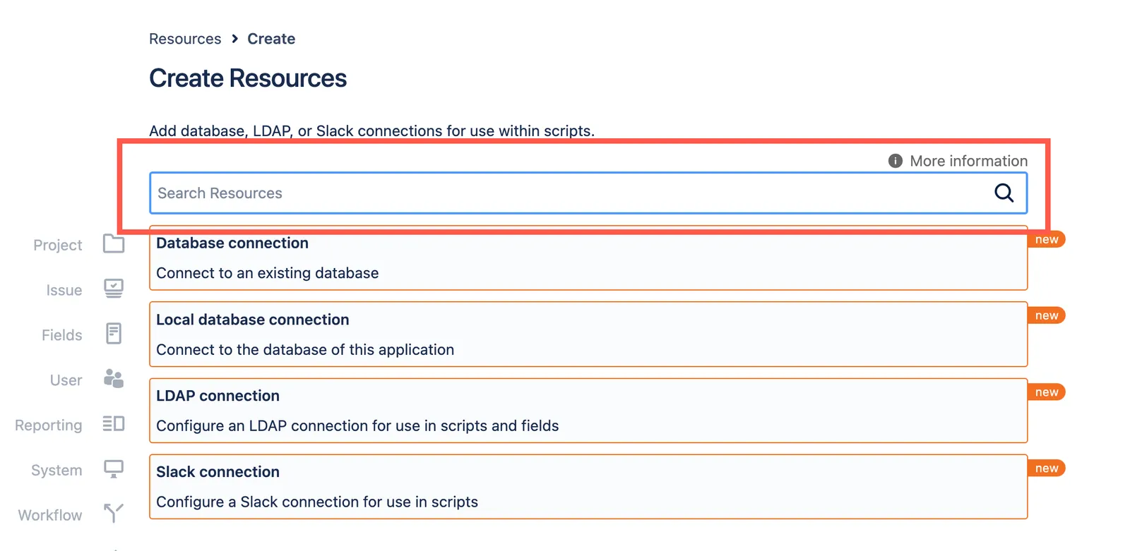The Create Resources screen, with the Search ScriptRunner Functionality search bar highlighted.