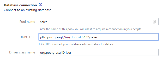 The Database connection dialog with example configuration.