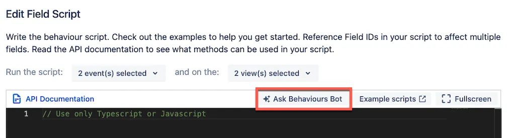 Behaviours configuration screen showing the Ask Behaviours Bot option enabled for an existing behaviour with two events and two views selected.