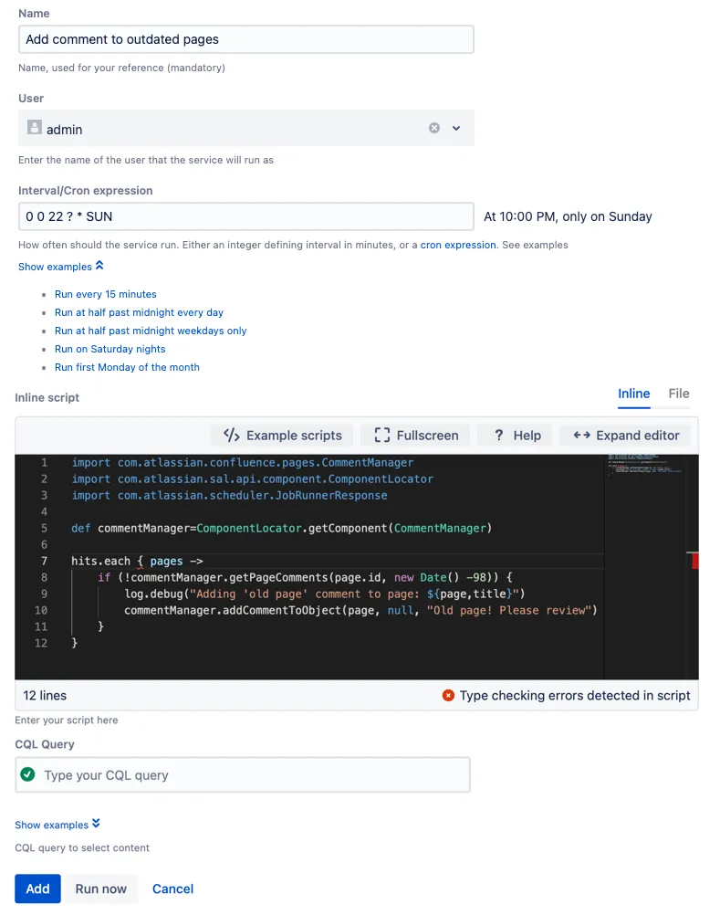The script form with example content.