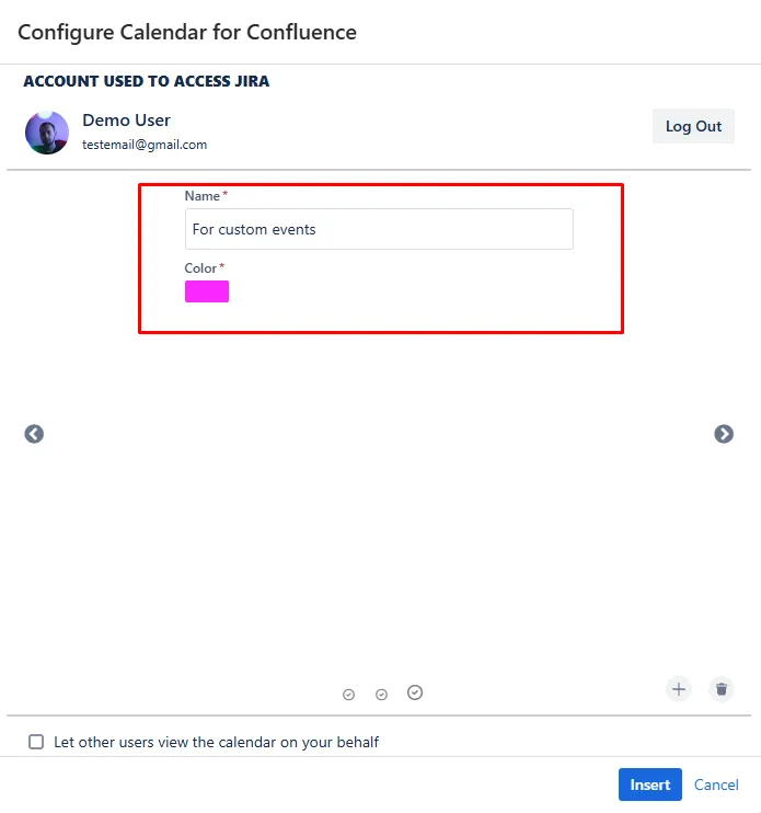 Blank calendar configuration screen showing fields for calendar name and color selection