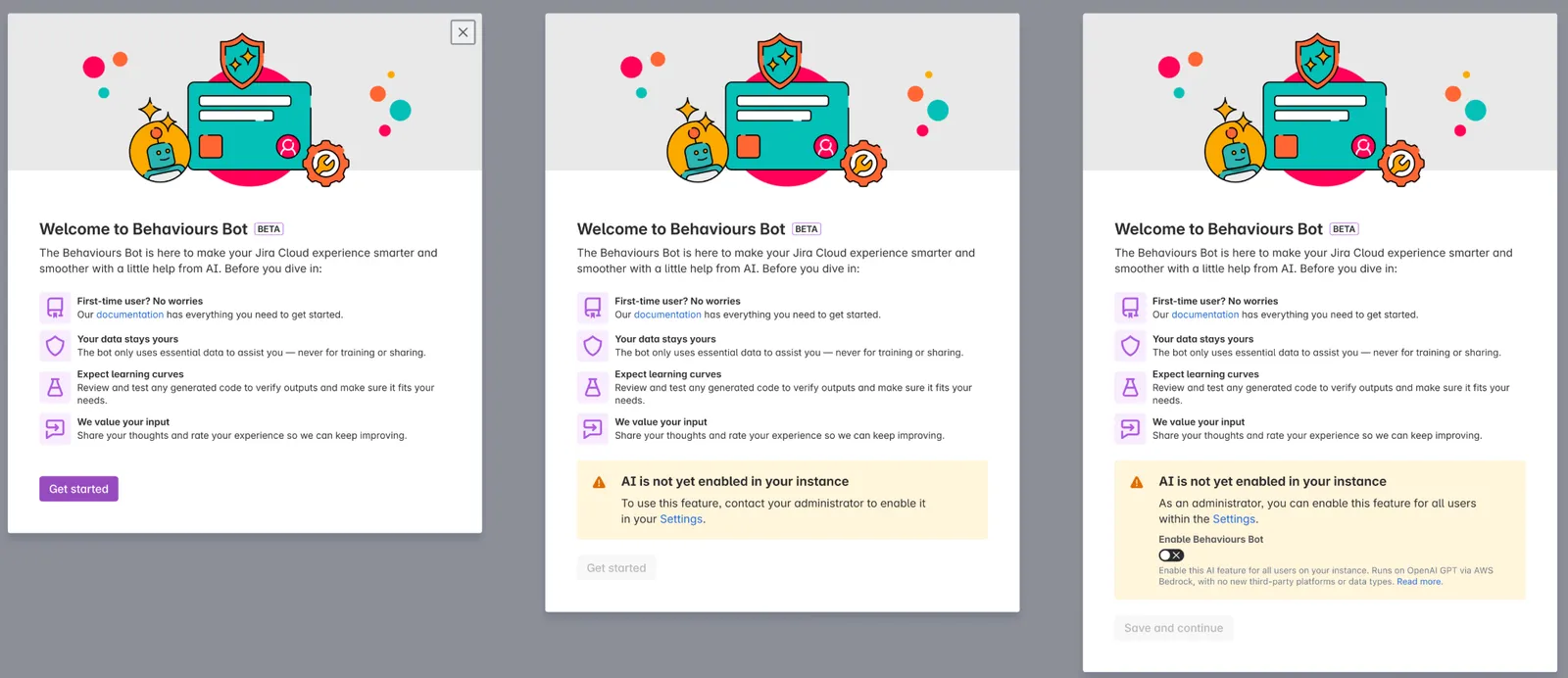 Behaviours Bot onboarding screen showing options to start using the bot, activate the required setting, or contact your administrator.