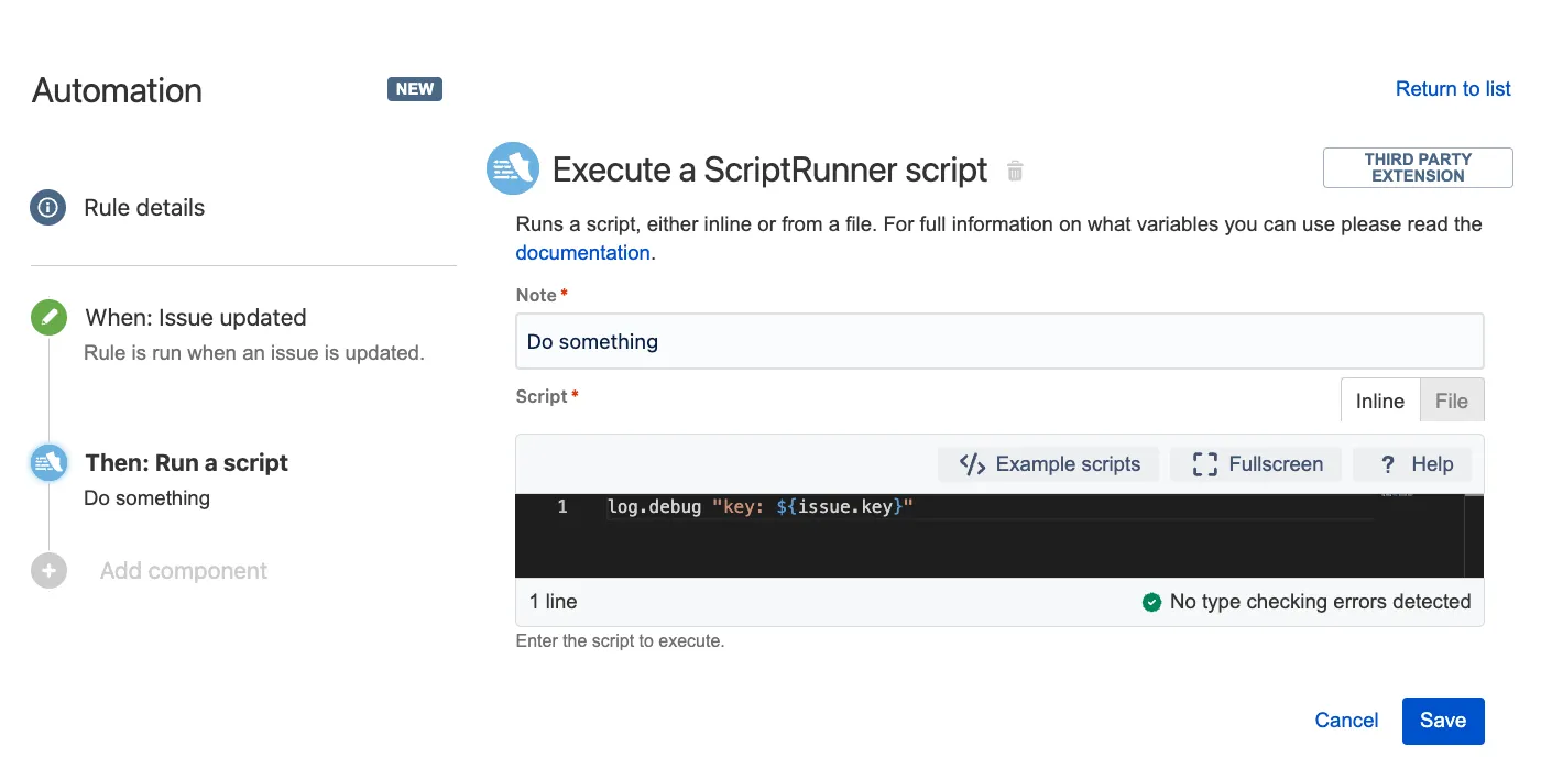 Automation for Jira rule configuration showing the Execute a ScriptRunner script action settings.