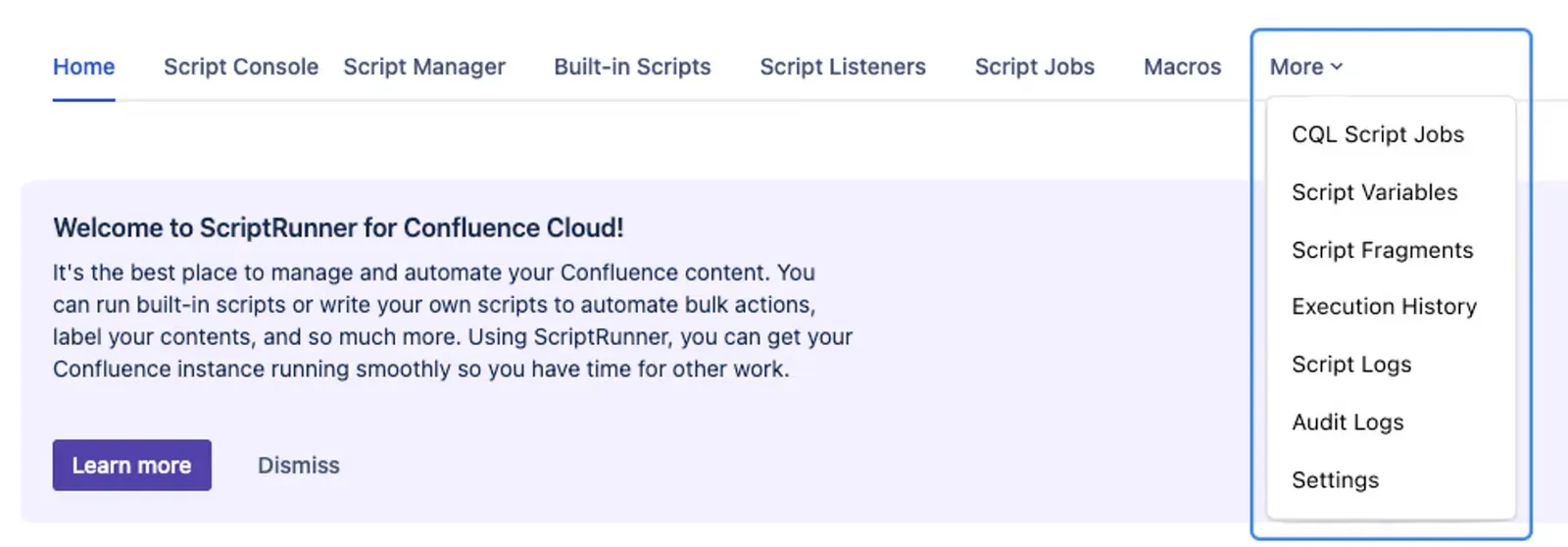 The top navigation options on the ScriptRunner homepage.