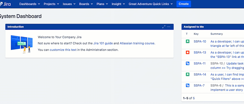 Animated demonstration of the Great Adventure Confluence drop-down list being opened and the new web item link selected.