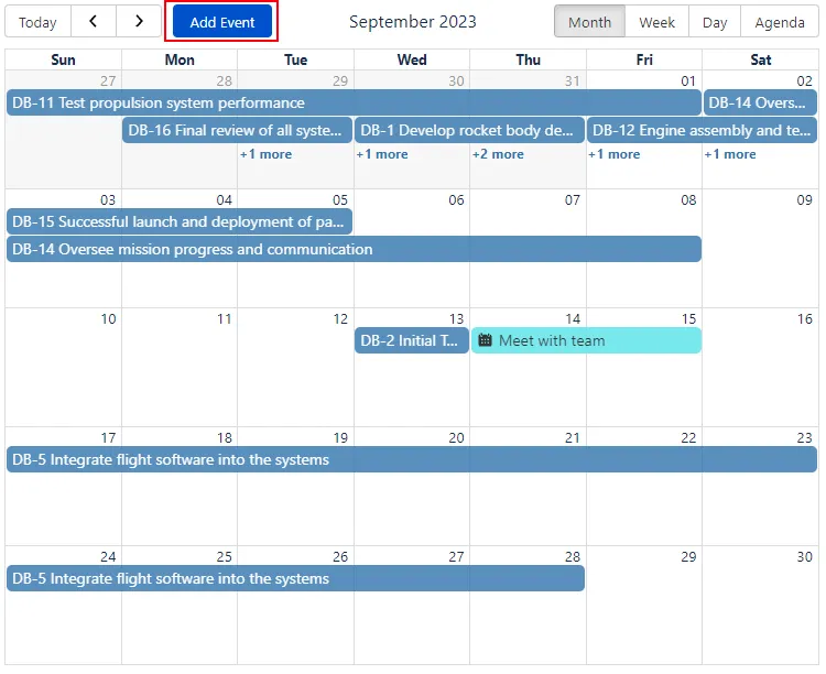 Calendar for Confluence interface showing the Add event button highlighted