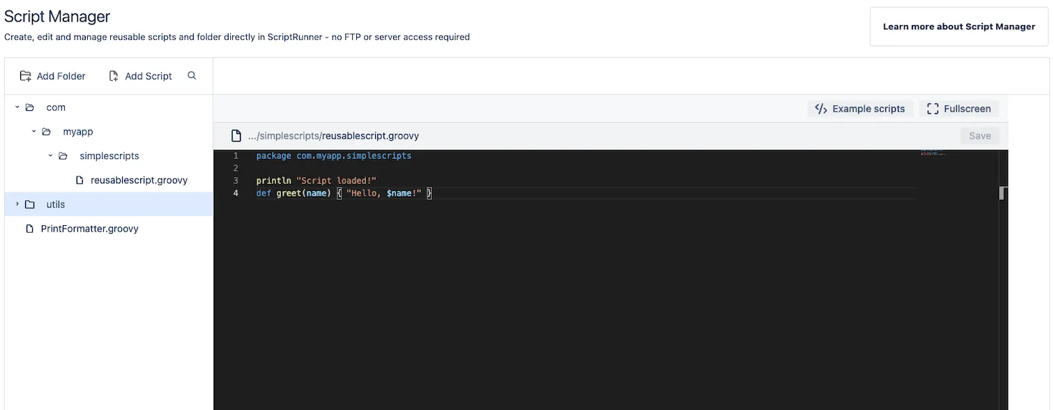 Screenshot of the reusablescript.groovy script in Script Manager, showing the package declaration, a startup message, and the greet method that returns a greeting.