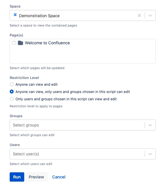 An Update Page Restrictions example configuration.