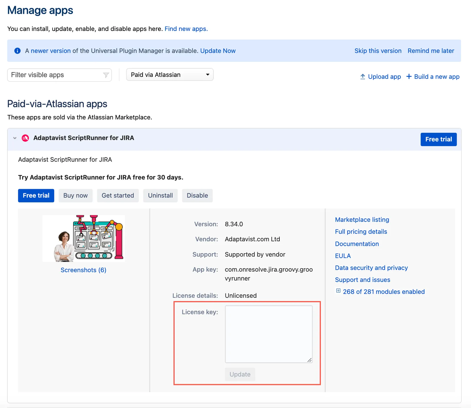 Image showing where to enter the license key
