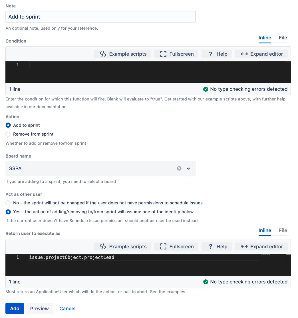 Post function configuration with project lead expression entered.