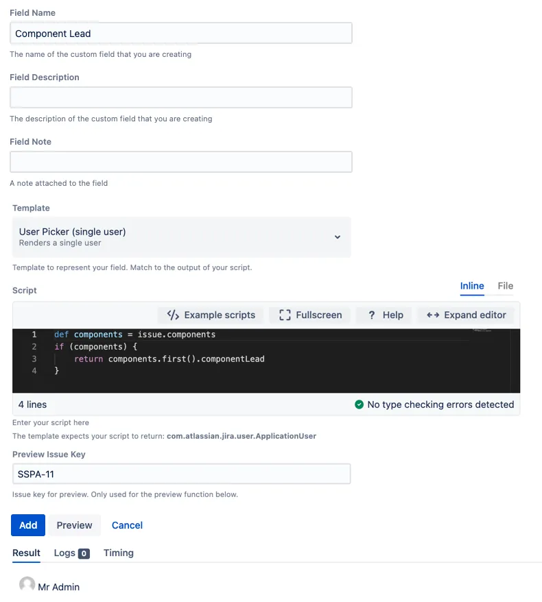 Component Lead custom field configuration screen