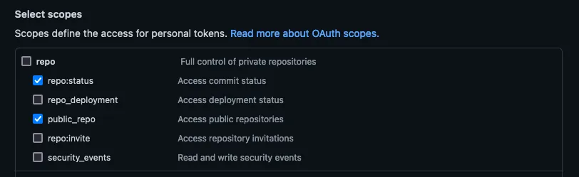 GitHub token creation page showing the required permissions including public_repo and repo:status.