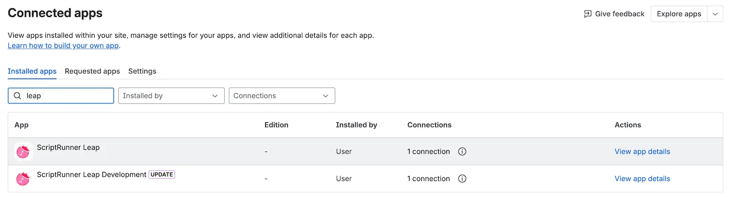 Screenshot showing connected apps list with ScriptRunner Leap.
