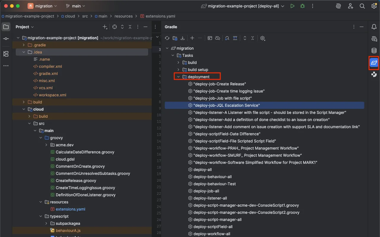 A screen capture of the IDE with the Gradle folder opened and the deployment folder highlighted.