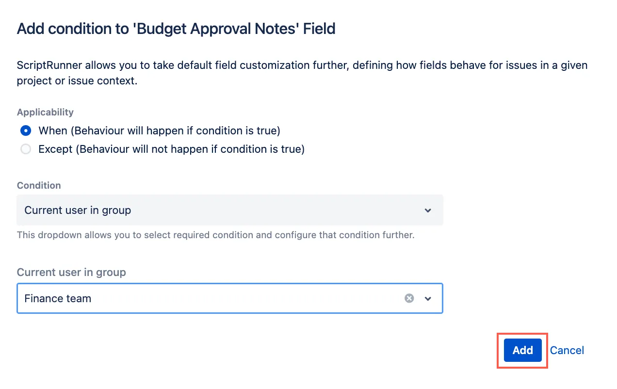 Condition configured for Finance team group