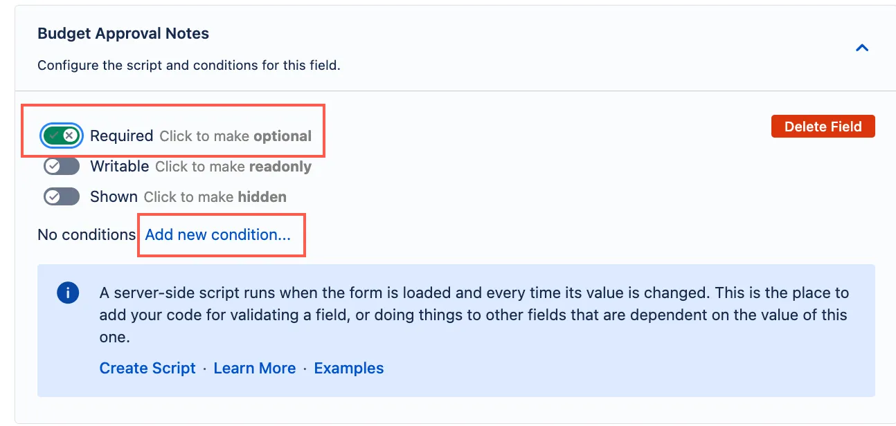 Add new condition dialog for Budget Approval Notes field