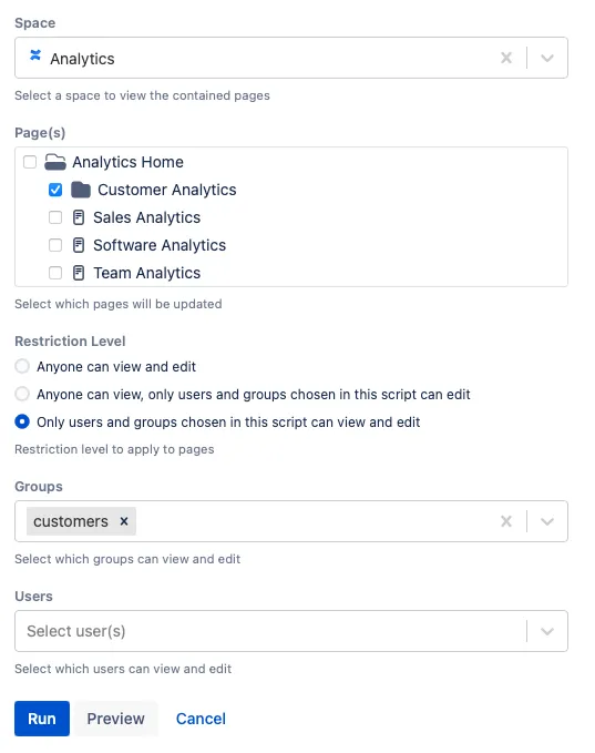 An Update Page Restriction example configuration.