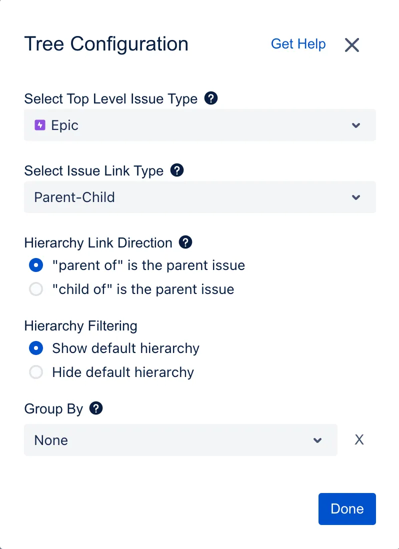 Tree Configuration settings showing how Stories are linked to Epics via the Parent field and Tasks are linked to Stories using the Parent-Child issue link type in the Hierarchy Tree.