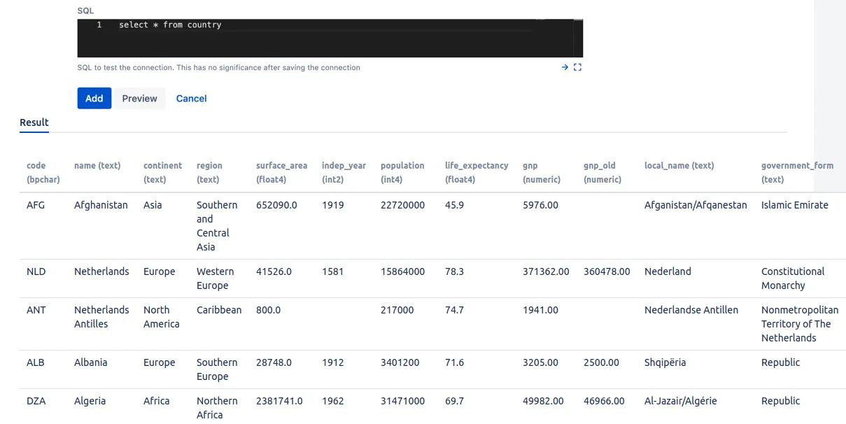 Jira preview results table showing sample rows from the country table in the world database