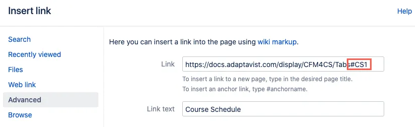 Screenshot of the Confluence Insert link dialog showing the Advanced tab with a Tabs Page macro ID appended to the page URL