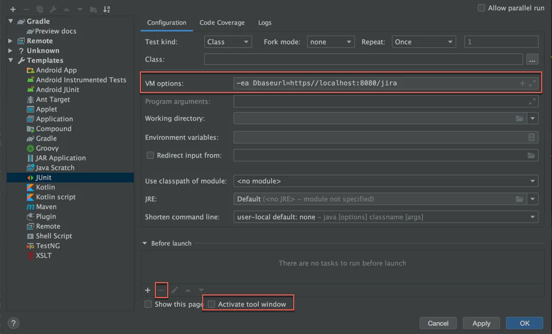 The VM options, minus button, and Activate tool window checkbox option in the Configuration tab.
