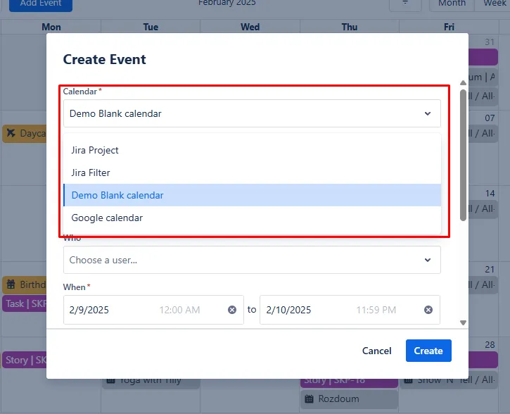 Calendar field dropdown showing available calendars and their associated colors