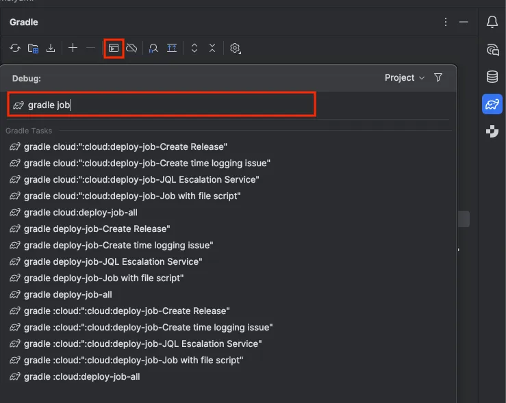 A screen capture of the IDE open with an example configuration (grade job) in the window that opens when Execute a Gradle Task is selected.