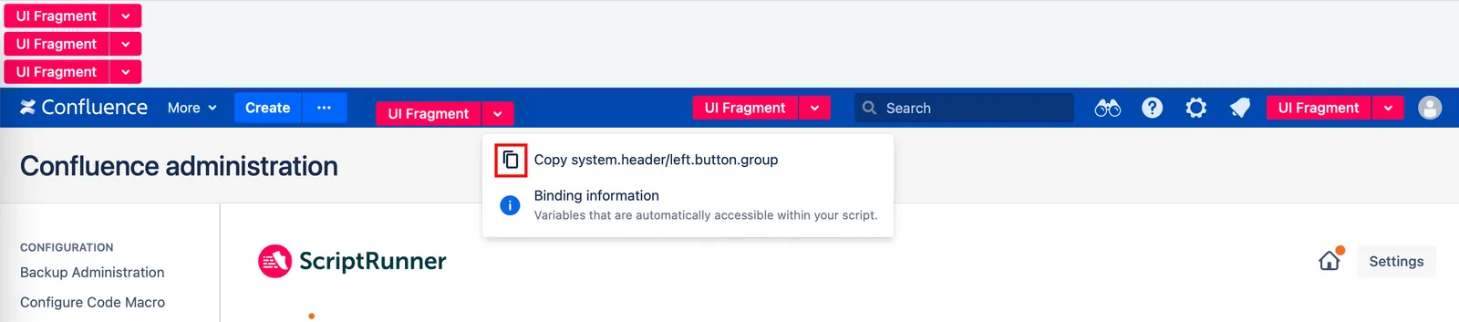 The copy option from the UI Fragment menu.