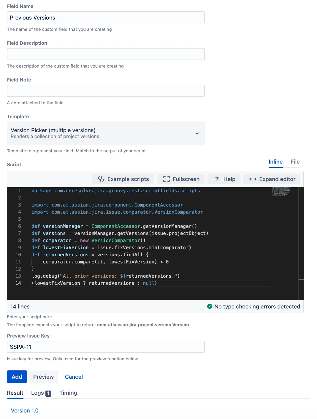 Add custom script field with the Version Picker template in Jira