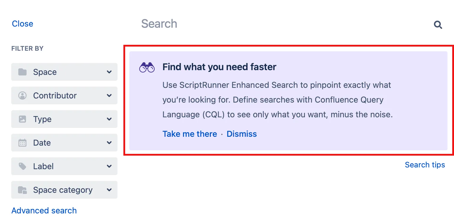 Enhanced Search section message on the Confluence search screen.