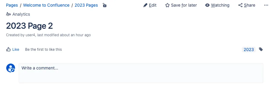 The result of the HAPI script, which is the pages in the space have 2023 added by user3.