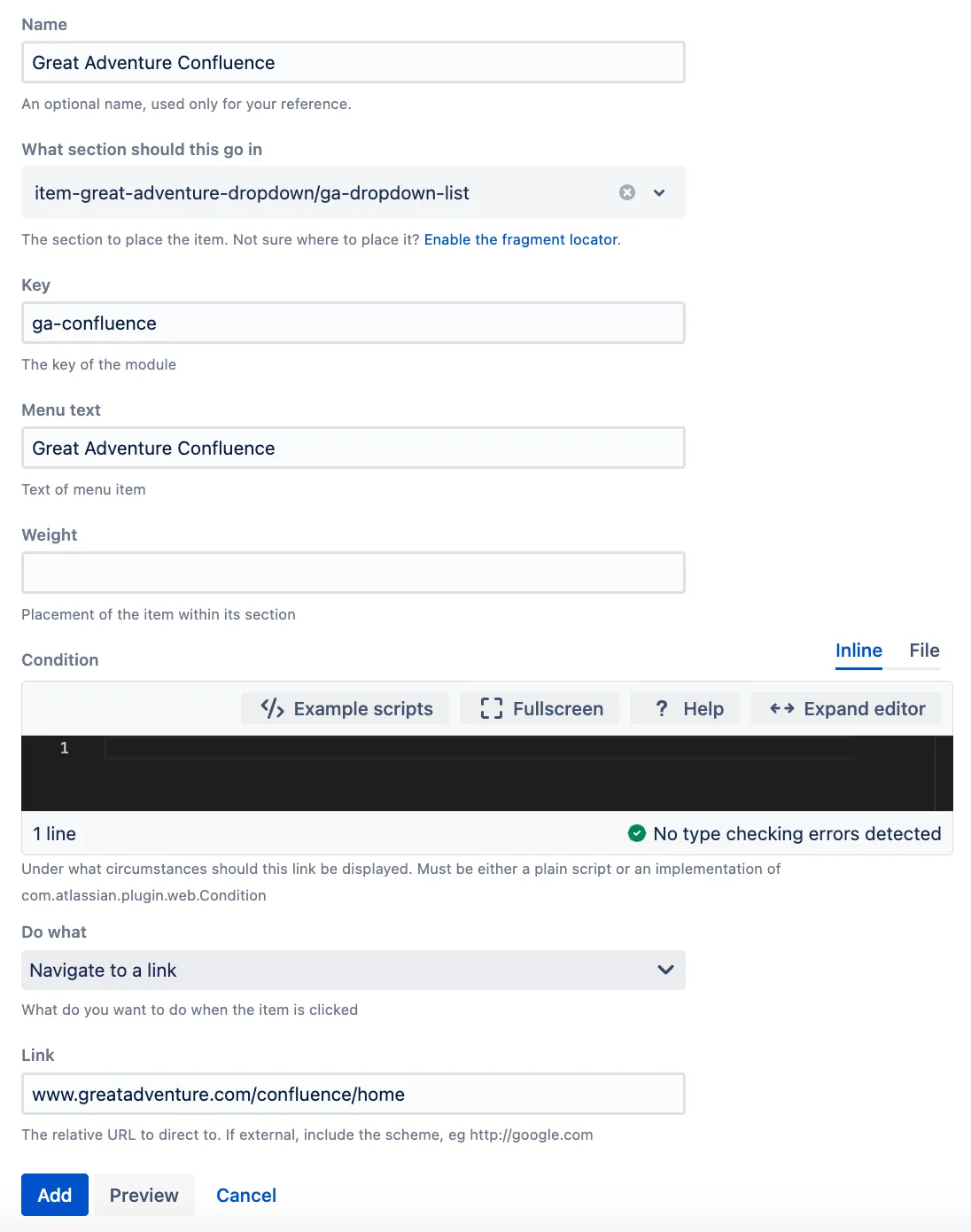 Screenshot of the completed Great Adventure Confluence web item configuration showing the new drop-down list entry.