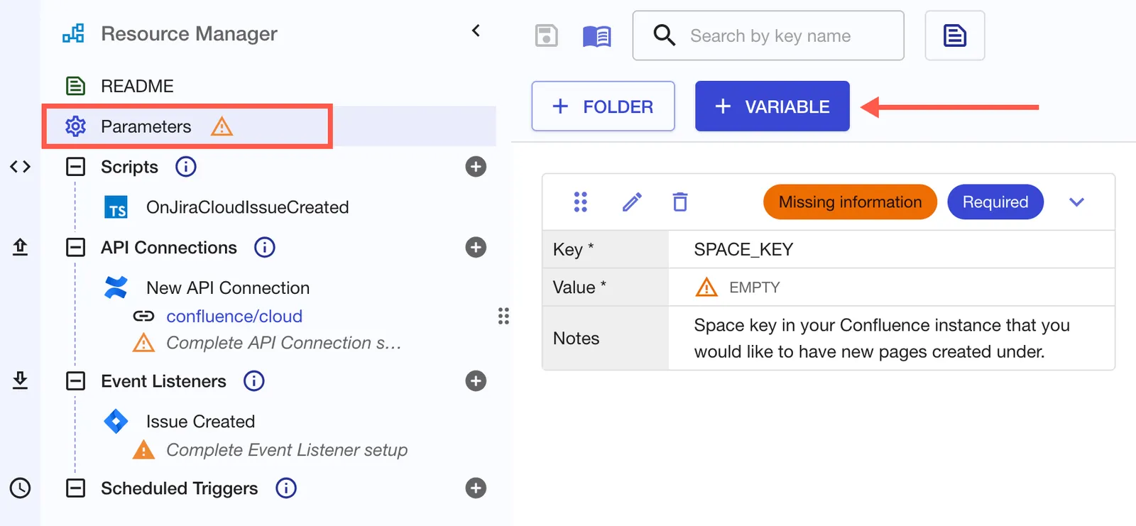 A screenshot of the Resource Manager, with the Parameters option and the Add Variable option highlighted.
