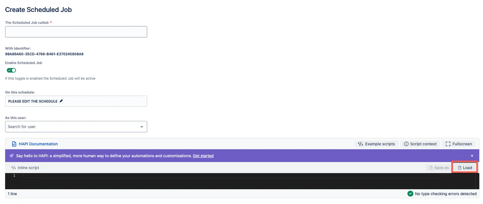 Load button in the ScriptRunner for Jira Cloud code editor