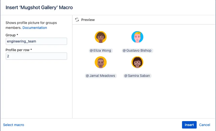 The Insert Mugshot Gallery macro with the specified configuration details.