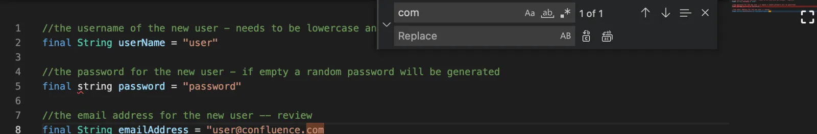 Screenshot of the find and replace feature with search result highlighted and replace selected.