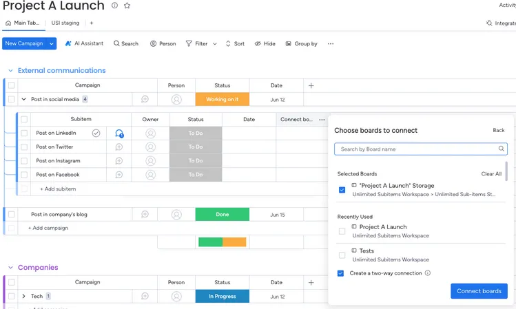 Screenshot of the subitems board with a new two-way Connect boards column linking subitems to the Storage Board.