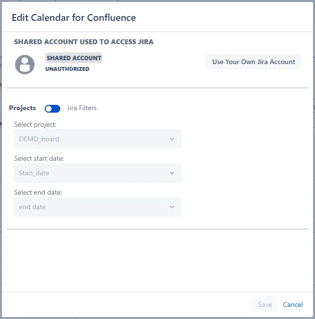 Calendar sharing configuration screen showing an UNAUTHORIZED shared account with the option to use your own Jira account
