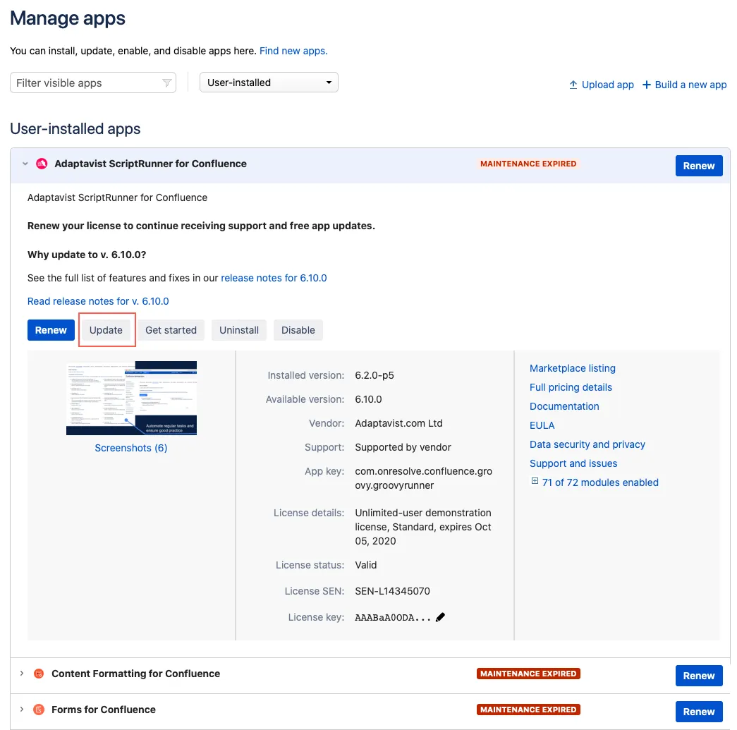 This image shows the Update button highlighted on the Manage Apps screen.