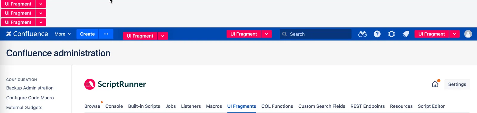 An example of the Confluence homepage with the fragment locator enabled.