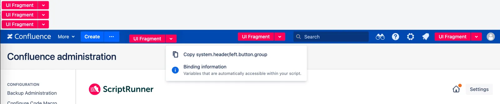 An example of Fragment locations appearing as buttons.