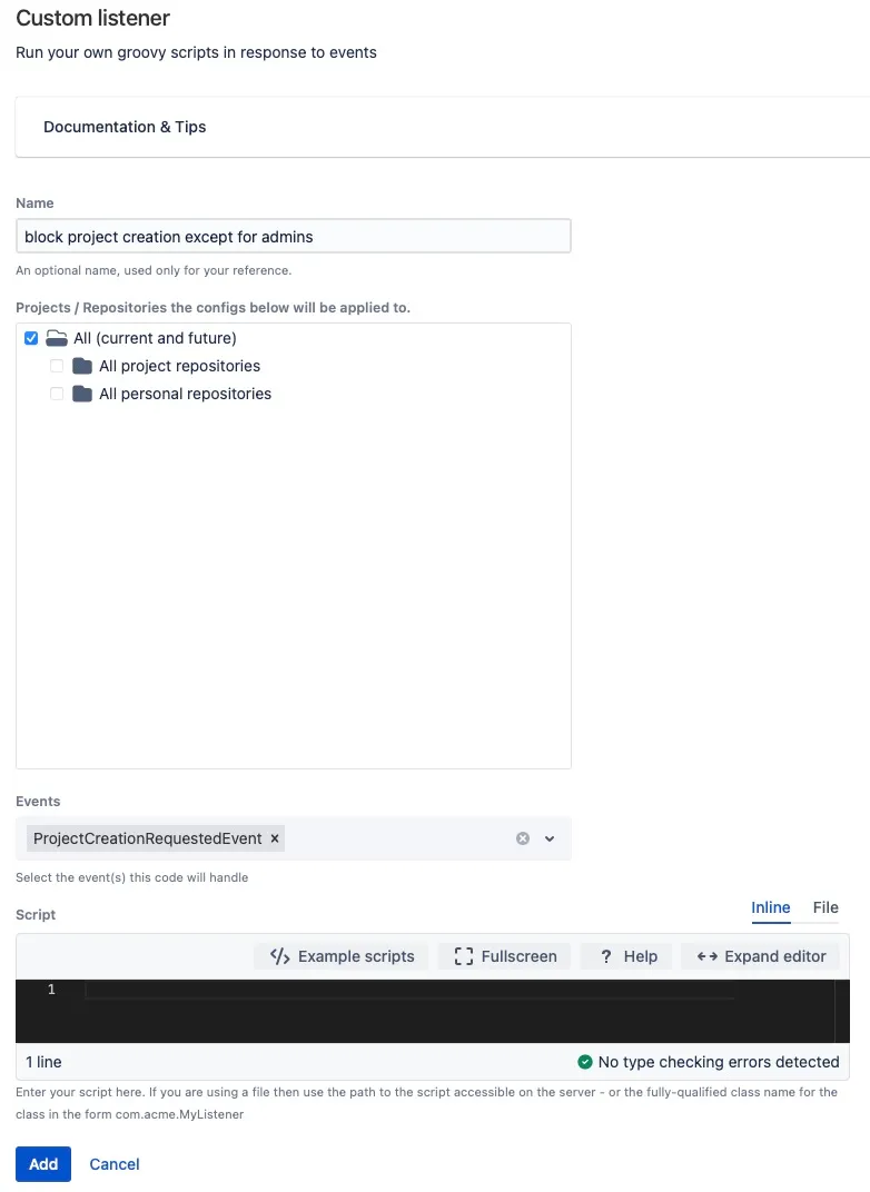 Custom listener configuration screen showing event options and listener details