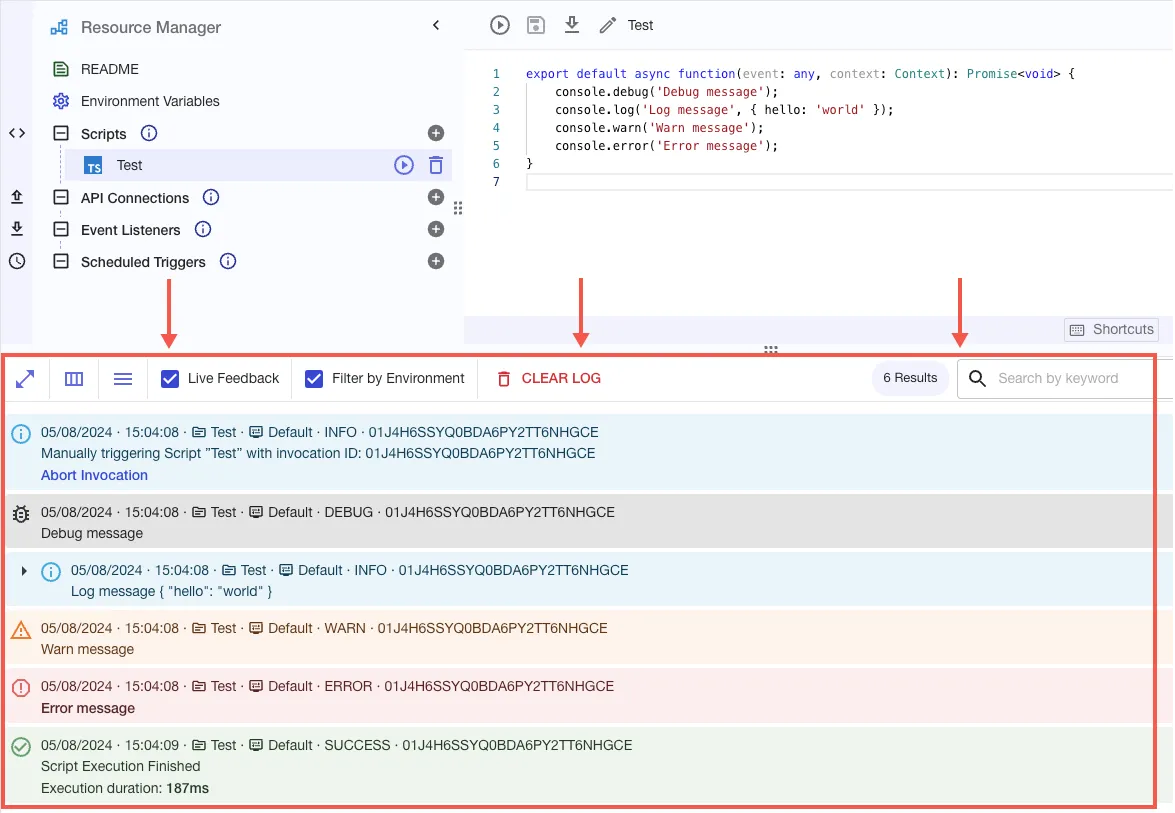 The Console Log, highlighted at the bottom of the Resource Manager screen.