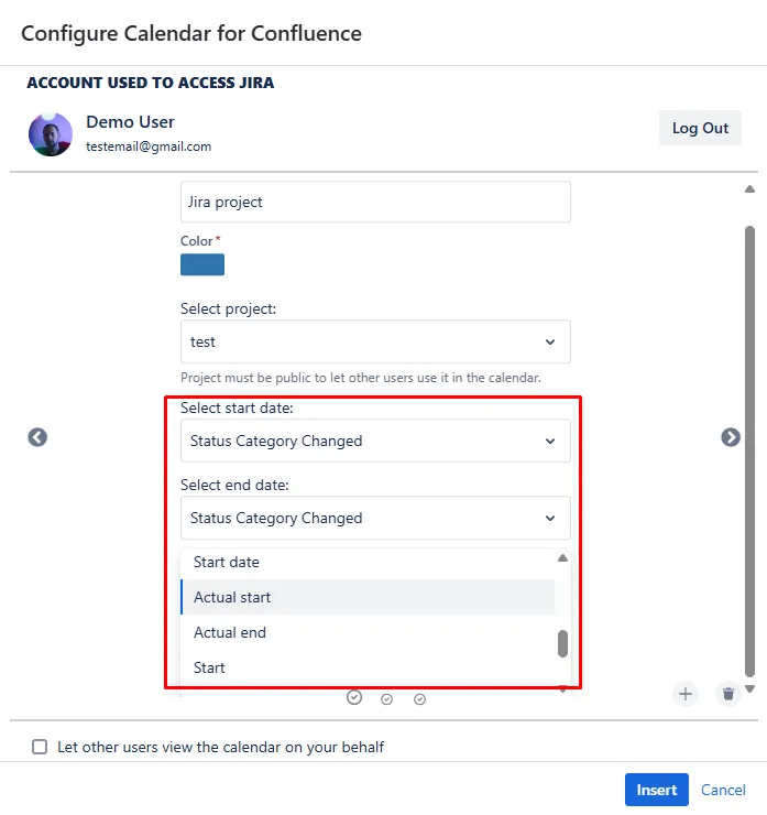 Calendar for Confluence interface showing the start and end date fields highlighted, with a date picker open to select the desired date range for Jira issues.