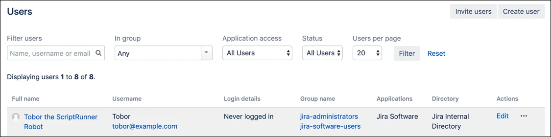 Illustration of the Jira administrator user Tobor, represented as a generic account used for automated ScriptRunner actions